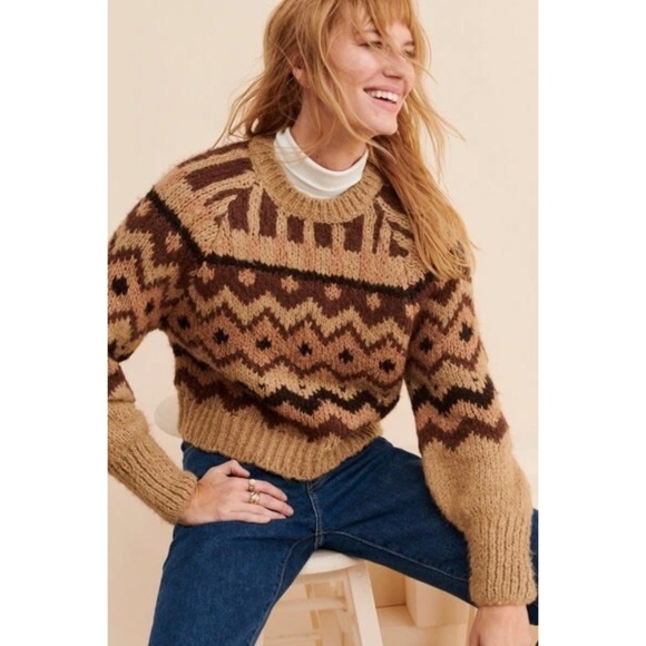 by Anthropologie Brown Striped Geometric Wool Blend Sweater - Picture 2 of 11